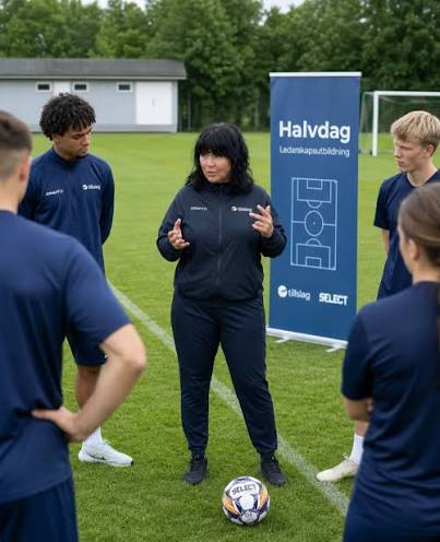 Eija Feodoroff coachar spelare på fotbollsplanen under en ledarskapsutbildning