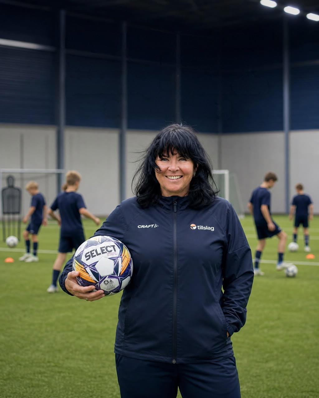 Eija Feodoroff på fotbollsplanen med en boll i handen under träning