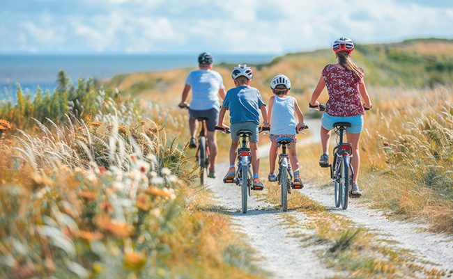 Familj som cyklar längs stranden i Halmstad